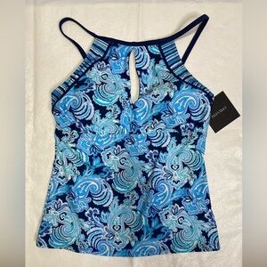 Ellen Tracy High Neck Key Hole Blue Paisley Tankini Top NWT